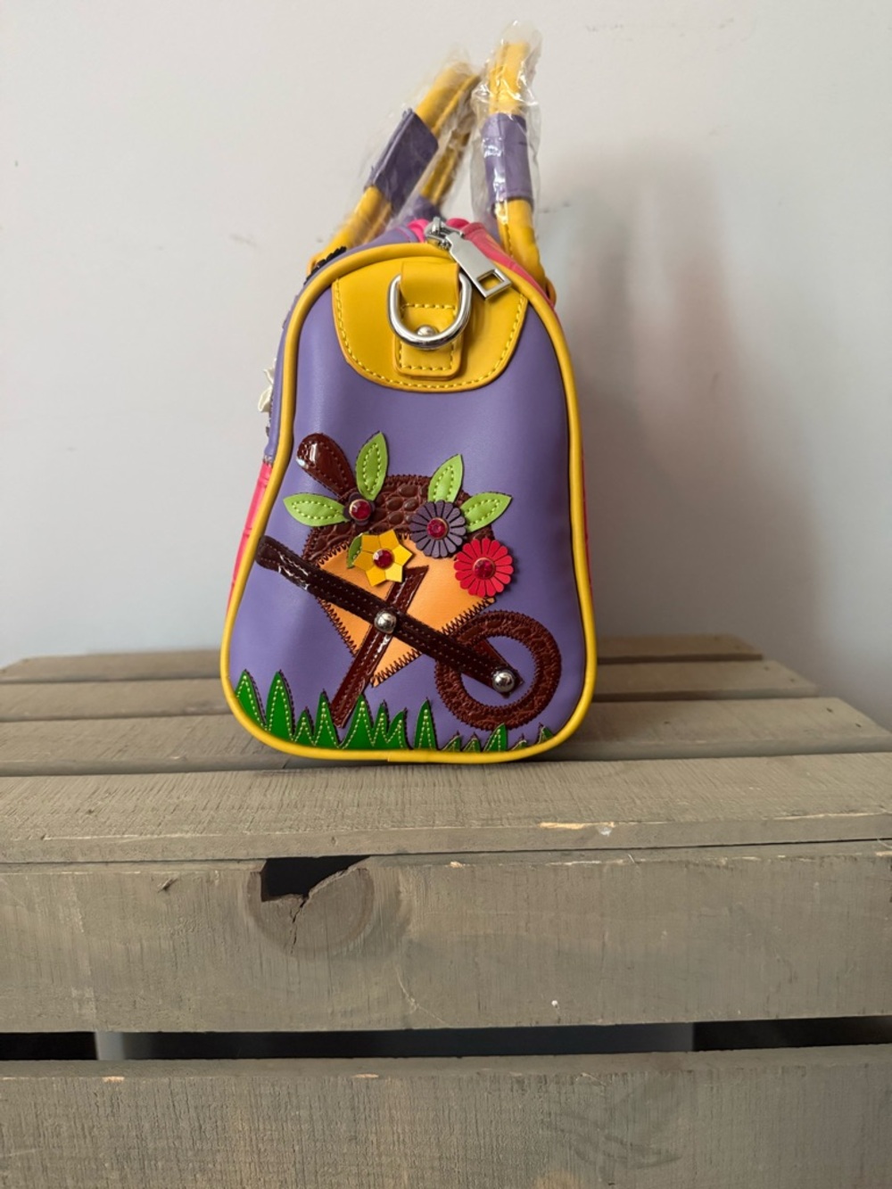 Colorful Appliqué Satchel with Yellow & Purple Accents - Picture 3 of 6